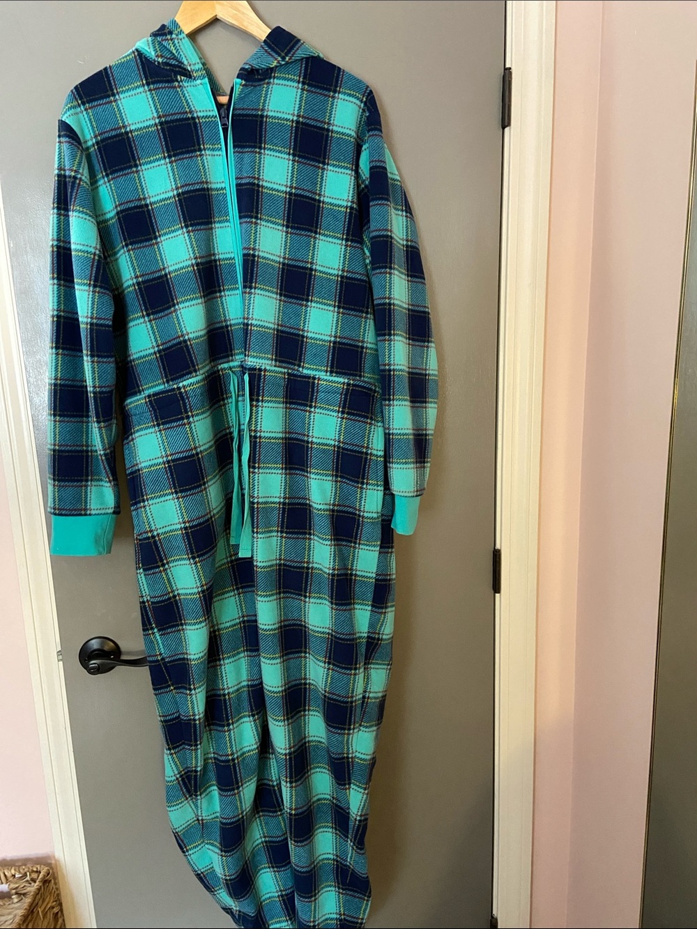 Women’s Lands End Hooded Plaid One-Piece Pajama - Teal & Navy, Size XL